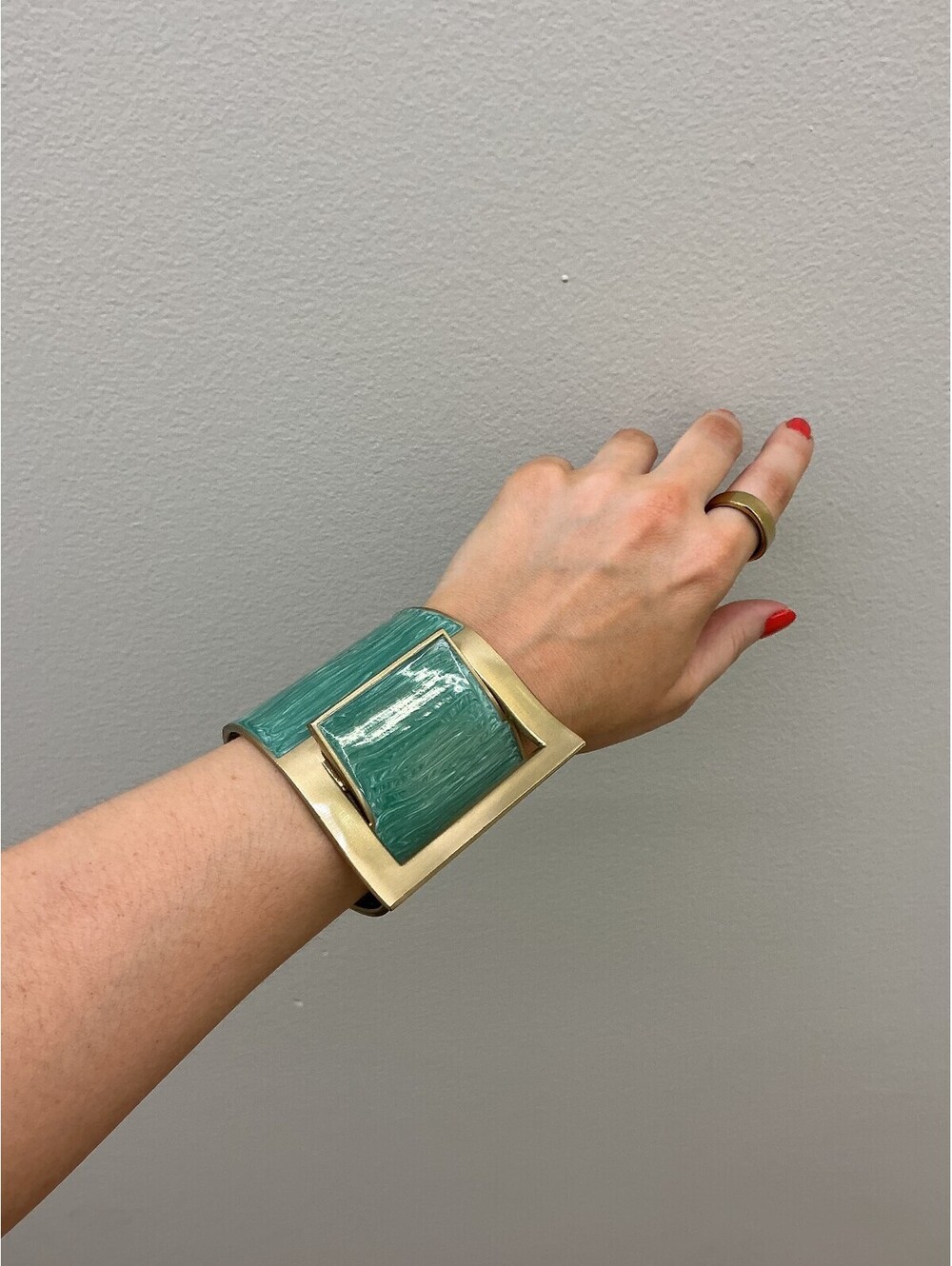 Wide Green and Gold-tone Geometric Cuff Bracelet with Textured Design
